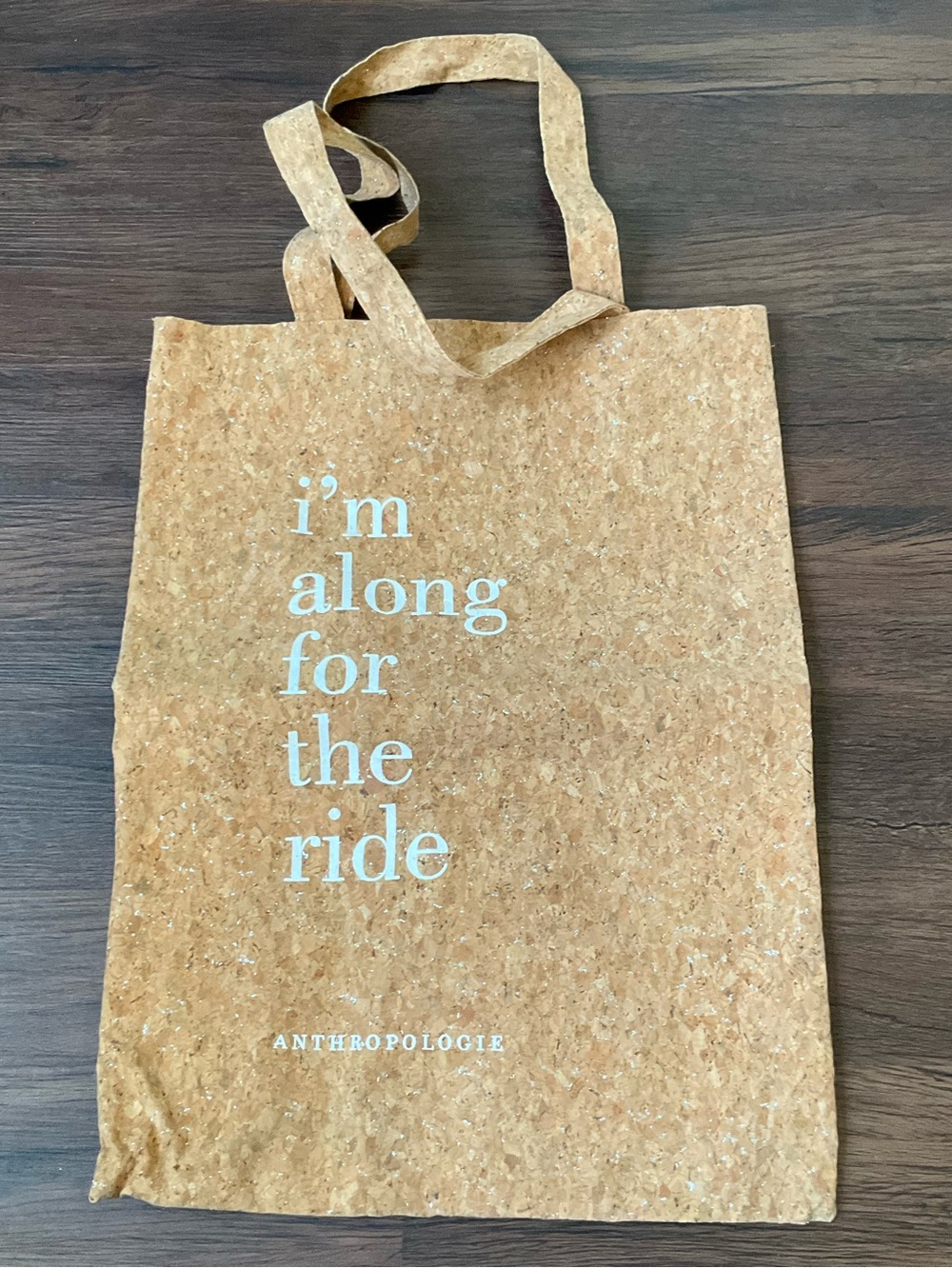 Anthropologie "I'm Along For The Ride" Sparkly Cork Tote Reusable Bag And Pouch